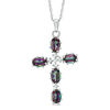 Thumbnail Image 0 of Oval Mystic Fire® Topaz and 1/20 CT. T.W. Diamond Cross Pendant in Sterling Silver