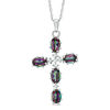 Thumbnail Image 1 of Oval Mystic Fire® Topaz and 1/20 CT. T.W. Diamond Cross Pendant in Sterling Silver