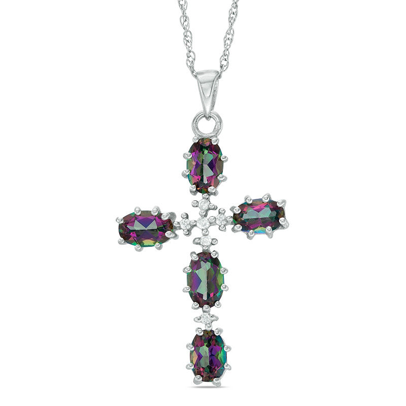 Oval Mystic Fire® Topaz and 1/20 CT. T.W. Diamond Cross Pendant in Sterling Silver