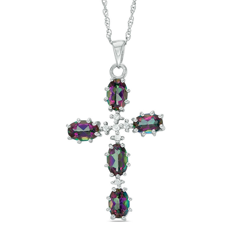 Main Image 1 of Oval Mystic Fire® Topaz and 1/20 CT. T.W. Diamond Cross Pendant in Sterling Silver