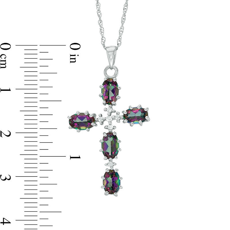 Main Image 2 of Oval Mystic Fire® Topaz and 1/20 CT. T.W. Diamond Cross Pendant in Sterling Silver