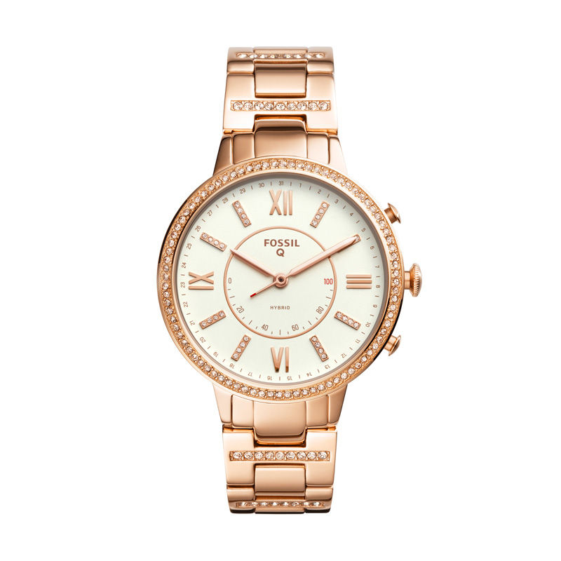 Ladies' Fossil Q Virginia Crystal Accent Rose-Tone Hybrid Smart Watch with White Dial (Model: FTW5010)