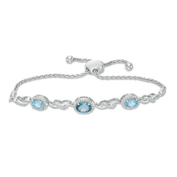 London and Swiss Blue Topaz with Lab-Created White Sapphire Frame Three Stone Bolo Bracelet in Sterling Silver - 9.0"