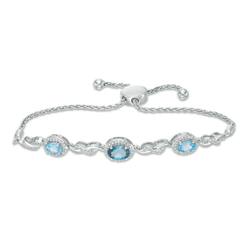 Main Image 1 of London and Swiss Blue Topaz with Lab-Created White Sapphire Frame Three Stone Bolo Bracelet in Sterling Silver - 9.0"