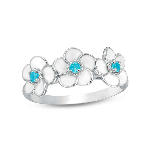 Blue Topaz Three Stone Plumeria with White Enamel Ring in Sterling Silver
