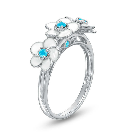 Blue Topaz Three Stone Plumeria with White Enamel Ring in Sterling Silver