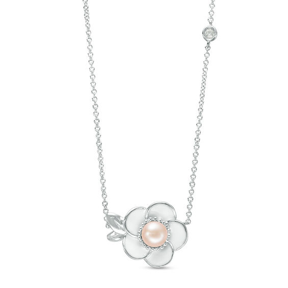 5.0mm Pink Freshwater Cultured Pearl and Lab-Created White Sapphire Sideways Plumeria Necklace in Sterling Silver