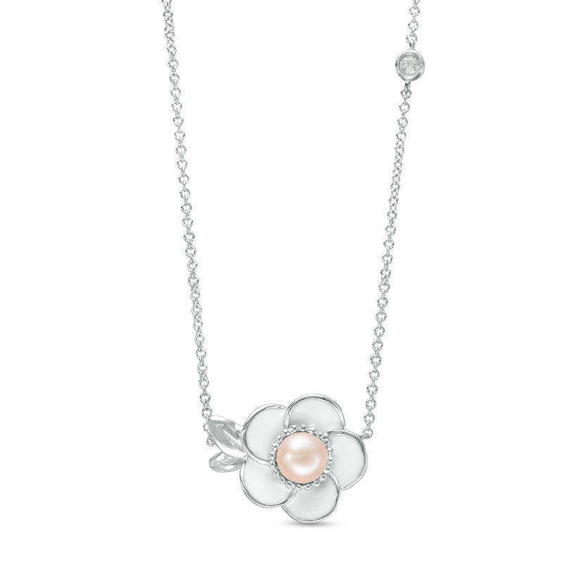 Main Image 1 of 5.0mm Pink Freshwater Cultured Pearl and Lab-Created White Sapphire Sideways Plumeria Necklace in Sterling Silver