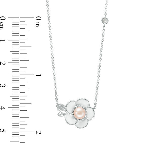 5.0mm Pink Freshwater Cultured Pearl and Lab-Created White Sapphire Sideways Plumeria Necklace in Sterling Silver