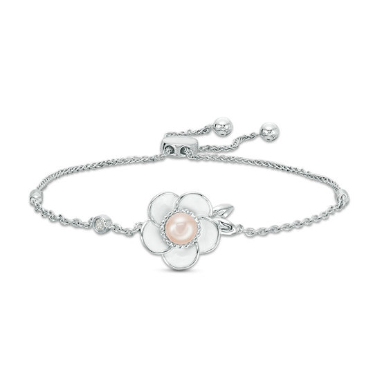 5.0mm Cultured Freshwater Pink Pearl and White Sapphire Plumeria Bolo Bracelet in Sterling Silver-9.5"