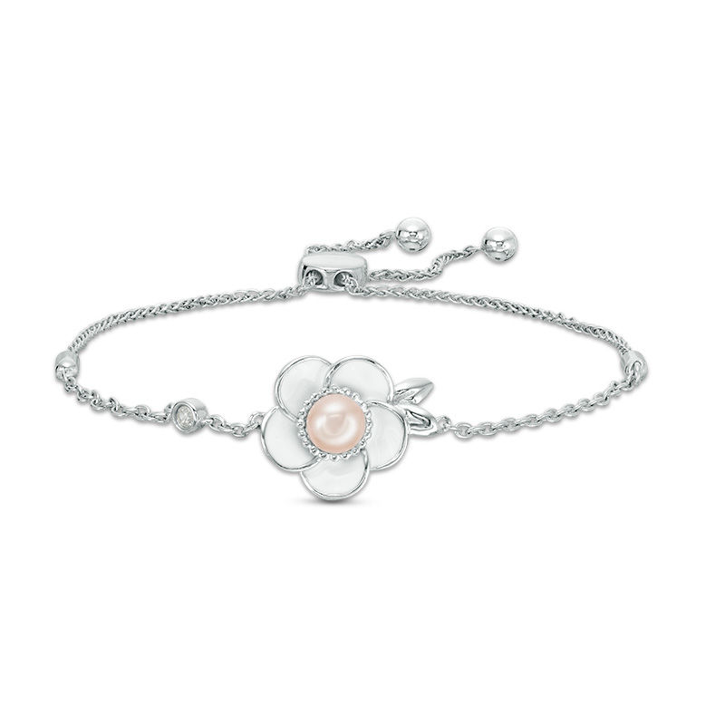 Main Image 1 of 5.0mm Cultured Freshwater Pink Pearl and White Sapphire Plumeria Bolo Bracelet in Sterling Silver-9.5"