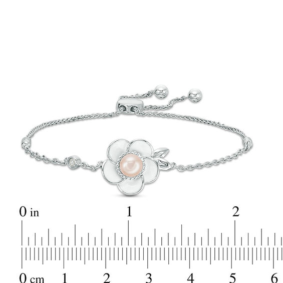 5.0mm Cultured Freshwater Pink Pearl and White Sapphire Plumeria Bolo Bracelet in Sterling Silver-9.5"