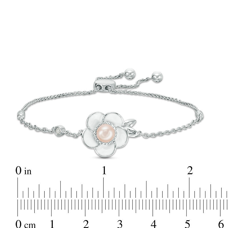 Main Image 3 of 5.0mm Cultured Freshwater Pink Pearl and White Sapphire Plumeria Bolo Bracelet in Sterling Silver-9.5"