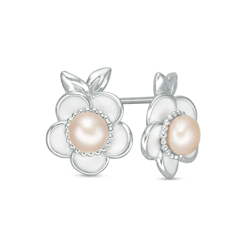 Main Image 1 of 4.0mm Cultured Freshwater Pink Pearl Plumeria Stud Earrings in Sterling Silver