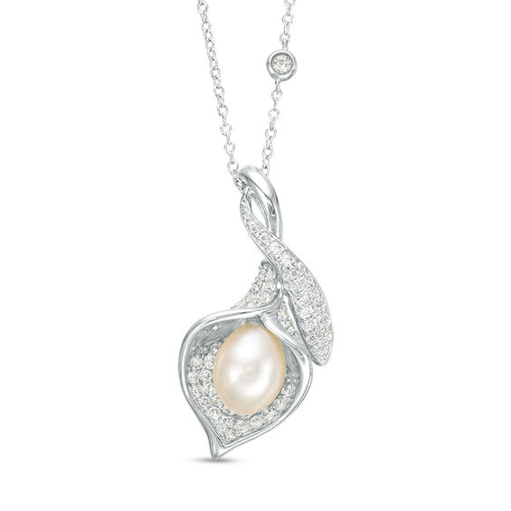 Oval Freshwater Cultured Pearl and Lab-Created White Sapphire Calla Lily Pendant in Sterling Silver-17"