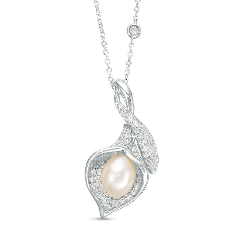 Main Image 1 of Oval Freshwater Cultured Pearl and Lab-Created White Sapphire Calla Lily Pendant in Sterling Silver-17"