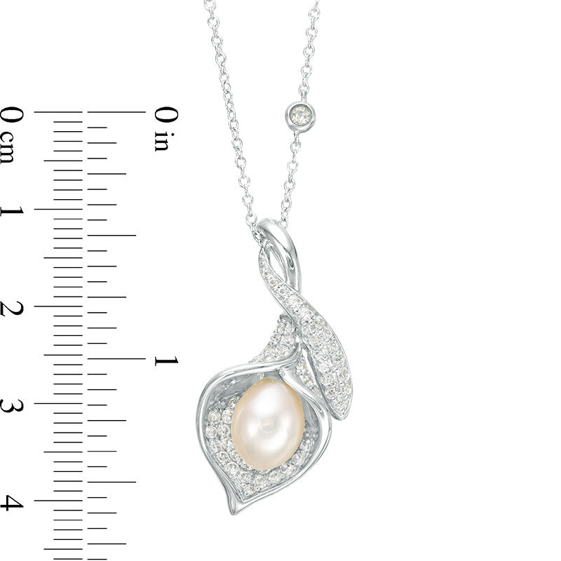 Main Image 2 of Oval Freshwater Cultured Pearl and Lab-Created White Sapphire Calla Lily Pendant in Sterling Silver-17"