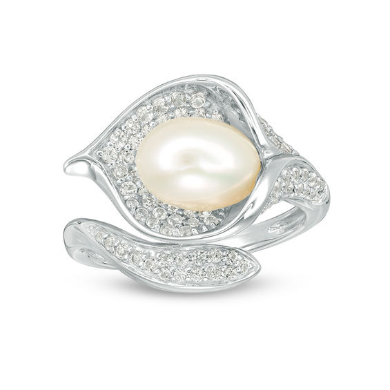 Oval Freshwater Cultured Pearl and Lab-Created White Sapphire Calla Lily Wrap Ring in Sterling Silver
