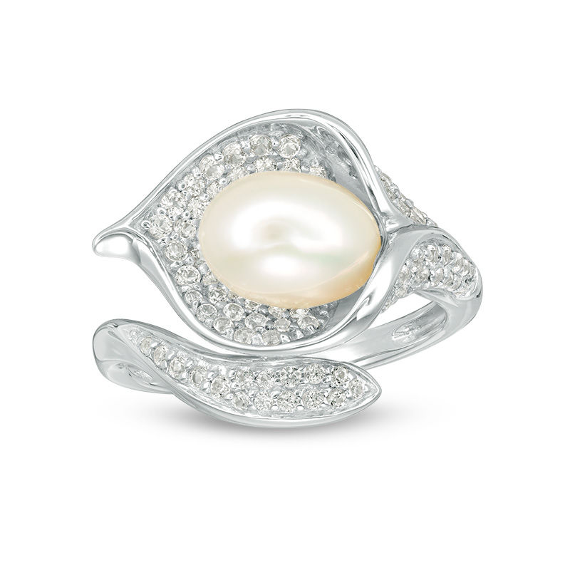 Main Image 1 of Oval Freshwater Cultured Pearl and Lab-Created White Sapphire Calla Lily Wrap Ring in Sterling Silver