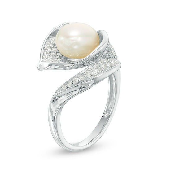 Oval Freshwater Cultured Pearl and Lab-Created White Sapphire Calla Lily Wrap Ring in Sterling Silver