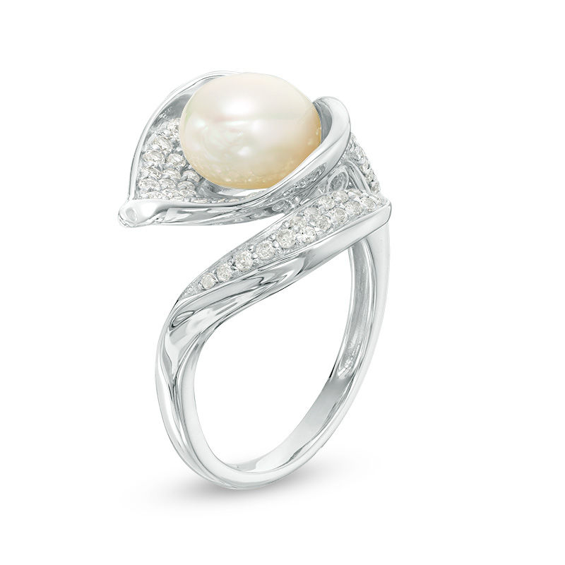 Main Image 2 of Oval Freshwater Cultured Pearl and Lab-Created White Sapphire Calla Lily Wrap Ring in Sterling Silver