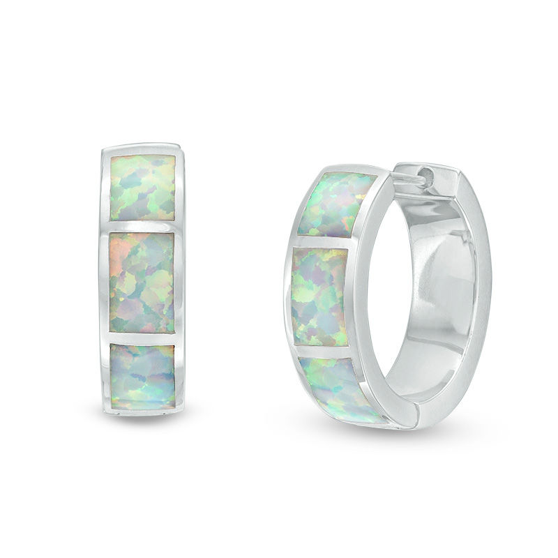 Main Image 1 of Rectangular Lab-Created Opal Inlay Huggie Hoop Earrings in Sterling Silver