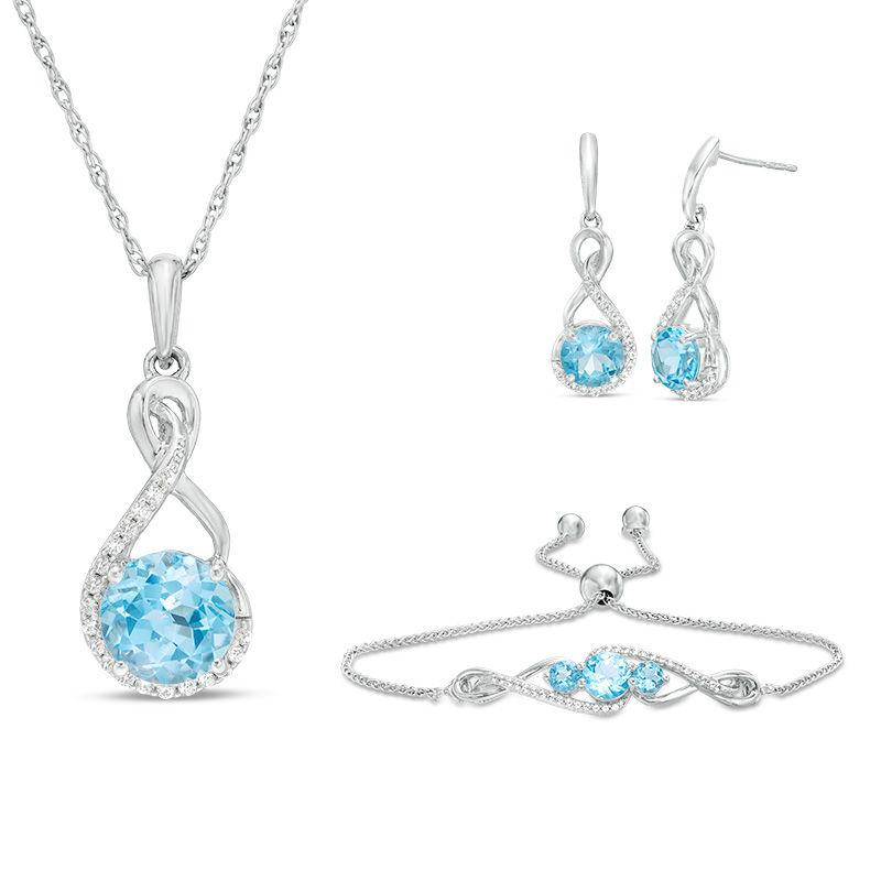 Main Image 1 of Swiss Blue Topaz and Lab-Created White Sapphire Infinity Pendant, Earrings and Bracelet Set in Sterling Silver - 9.5&quot;
