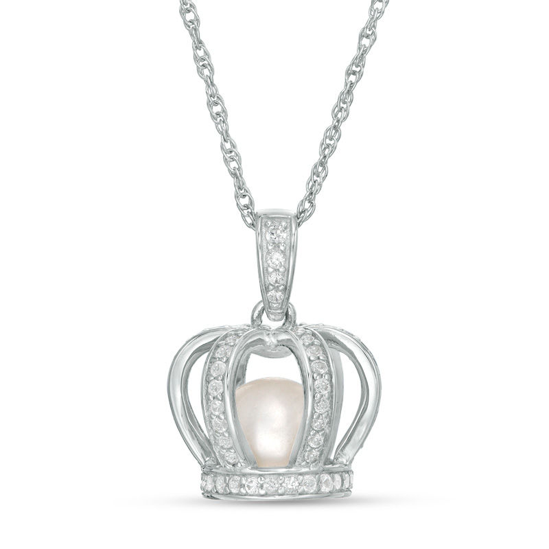 6.5 - 7.0mm Cultured Freshwater Pearl and Lab-Created White Sapphire Crown Cage Pendant in Sterling SiIver