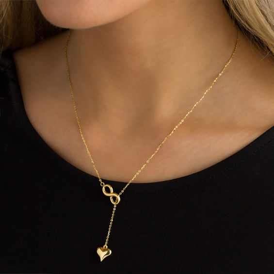 Puffed Heart and Infinity Lariat-Style Necklace in 10K Gold