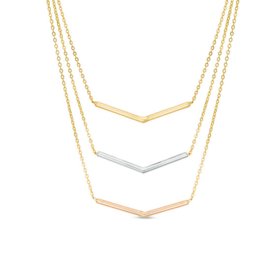 Triple Chain Chevron Necklace in 10K Tri-Tone Gold - 17"