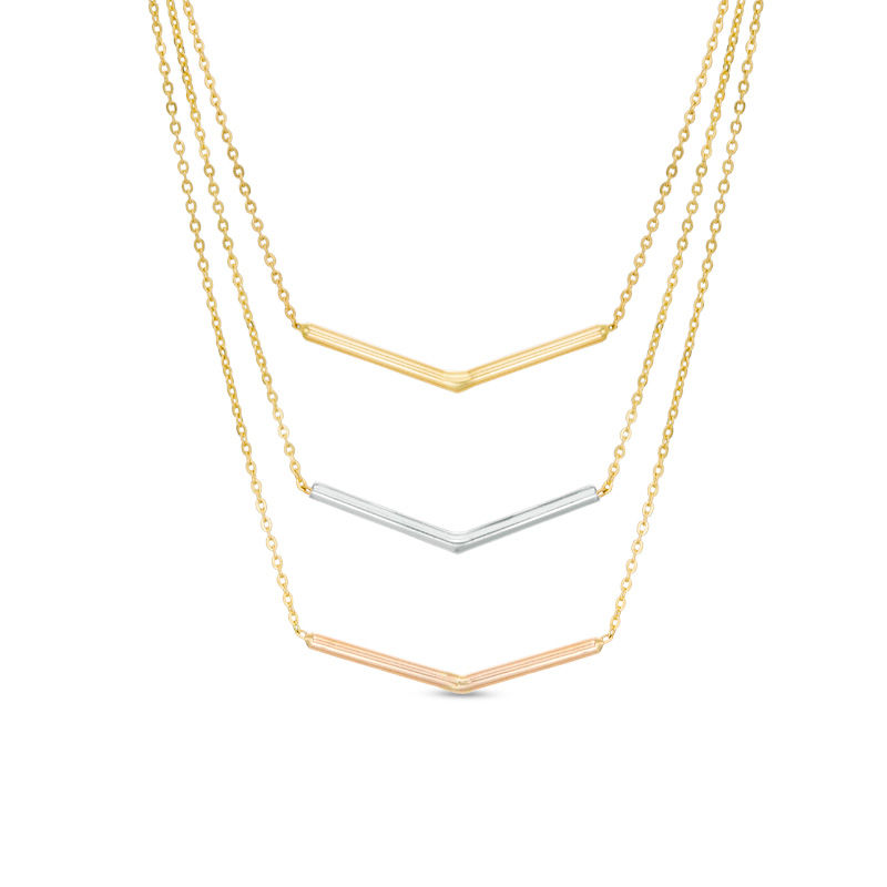 Main Image 1 of Triple Chain Chevron Necklace in 10K Tri-Tone Gold - 17"