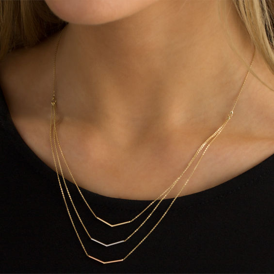 Triple Chain Chevron Necklace in 10K Tri-Tone Gold - 17"