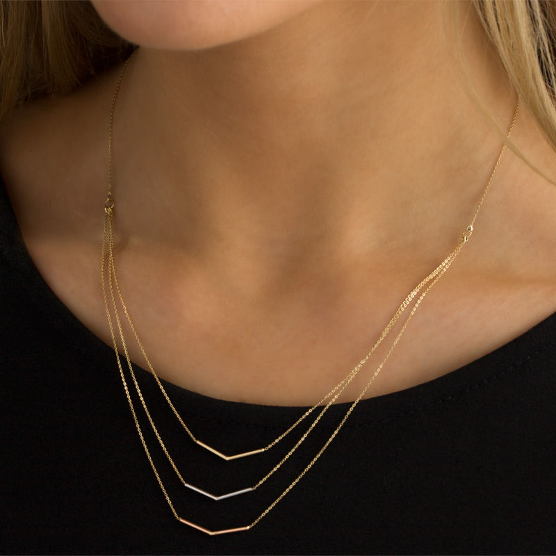 Main Image 2 of Triple Chain Chevron Necklace in 10K Tri-Tone Gold - 17"