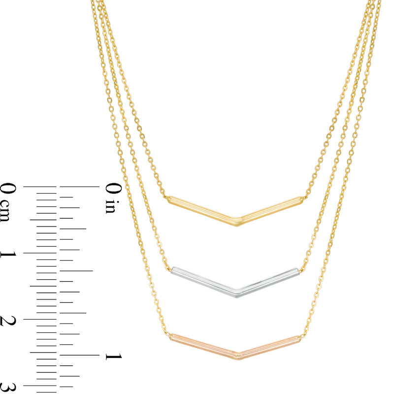 Main Image 3 of Triple Chain Chevron Necklace in 10K Tri-Tone Gold - 17"