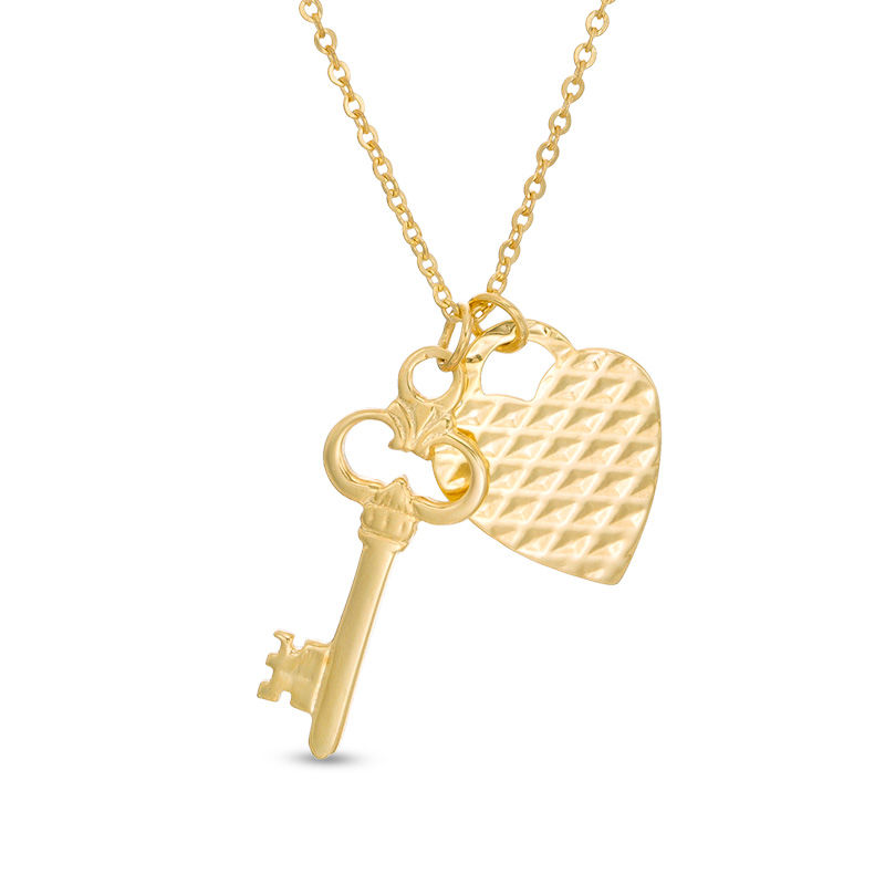 Textured Heart and Polished Key Charm Pendant in 10K Gold