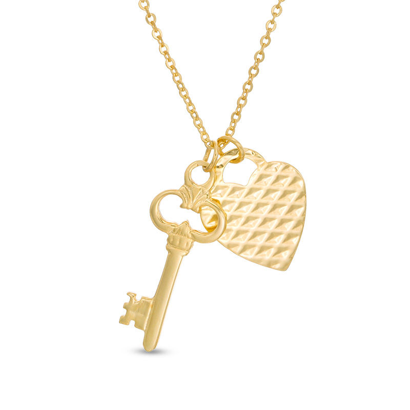 Main Image 1 of Textured Heart and Polished Key Charm Pendant in 10K Gold