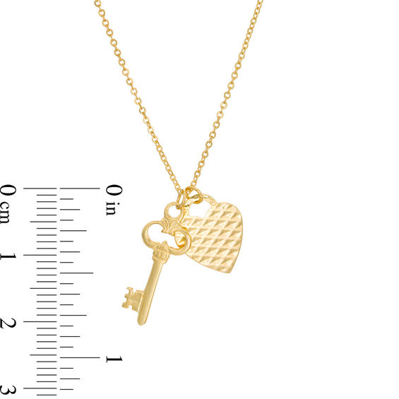 Textured Heart and Polished Key Charm Pendant in 10K Gold