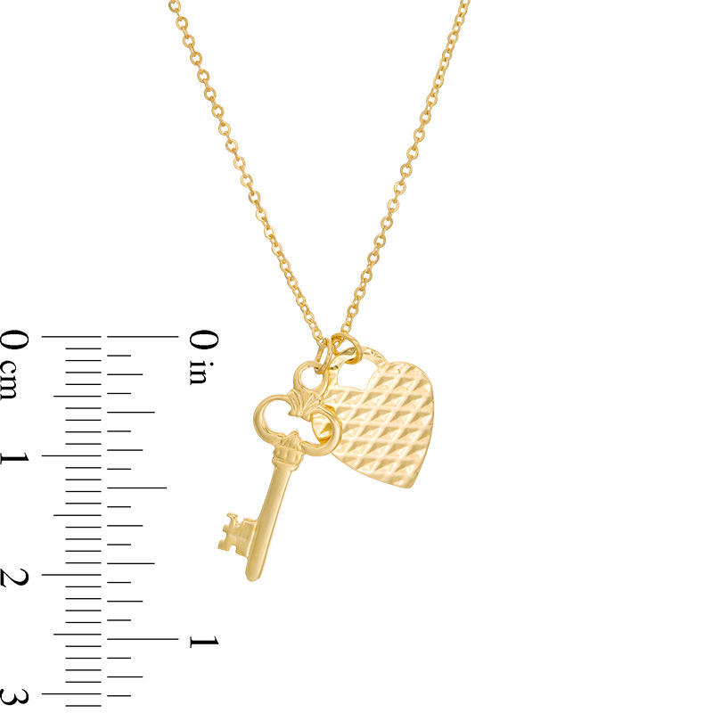 Textured Heart and Polished Key Charm Pendant in 10K Gold