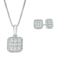 1/8 CT. T.W. Composite Diamond Square Pendant and Stud Earrings Set in Sterling Silver
