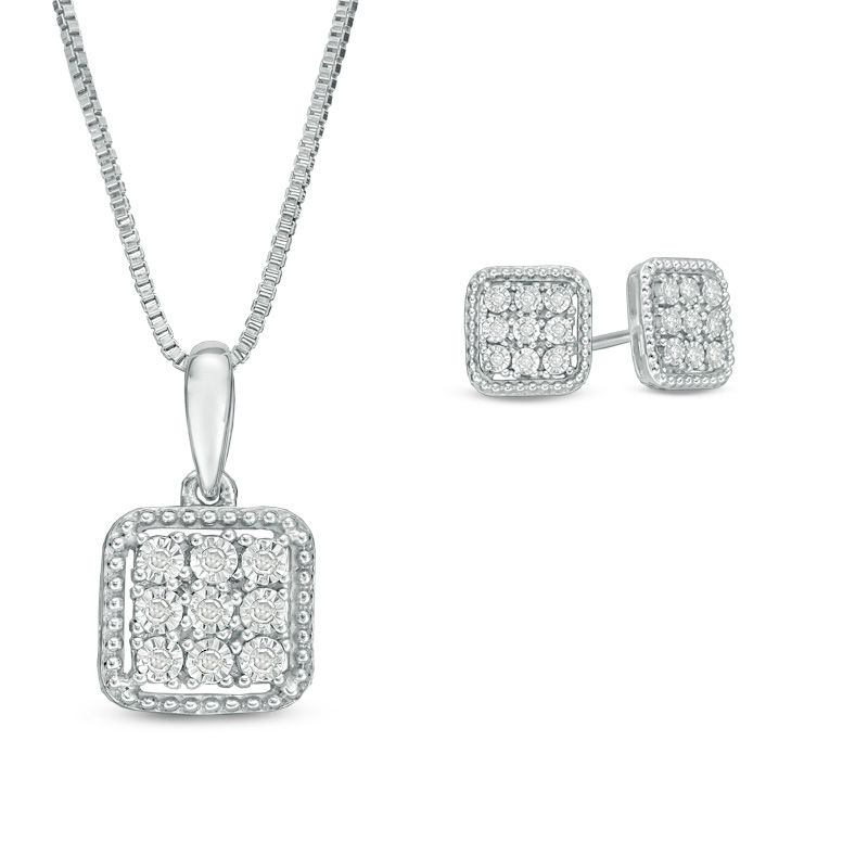 Main Image 1 of 1/8 CT. T.W. Composite Diamond Square Pendant and Stud Earrings Set in Sterling Silver