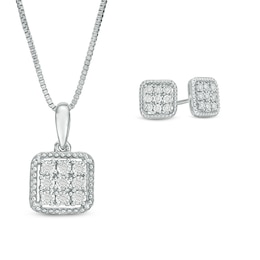 1/8 CT. T.W. Composite Diamond Square Pendant and Stud Earrings Set in Sterling Silver