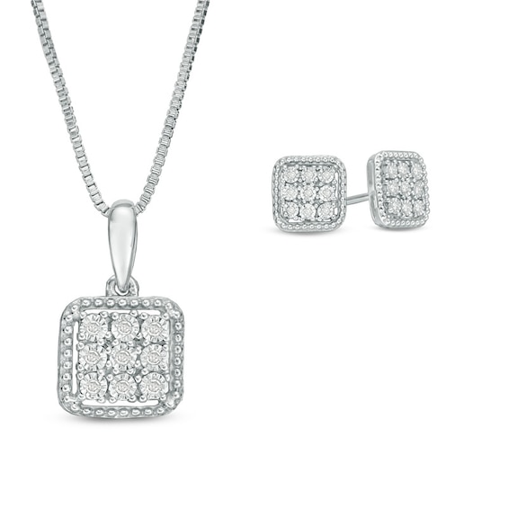 1/8 CT. T.w. Composite Diamond Square Pendant and Stud Earrings Set in Sterling Silver