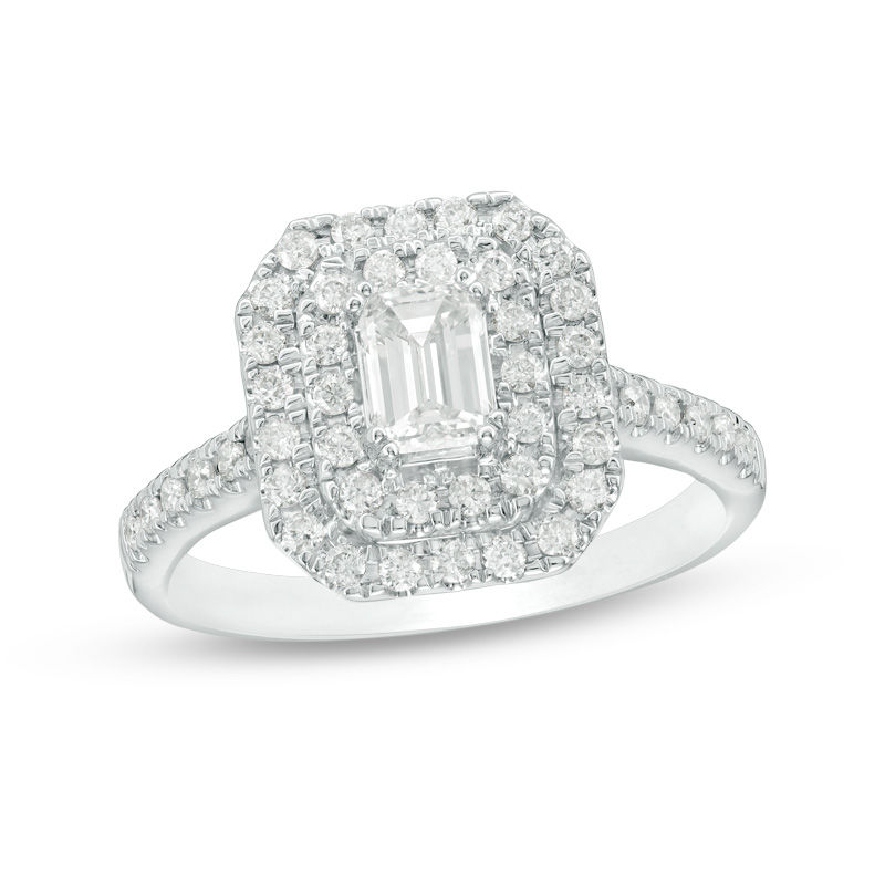 Main Image 1 of 1 CT. T.W. Emerald-Cut Diamond Double Frame Engagement Ring in 14K White Gold