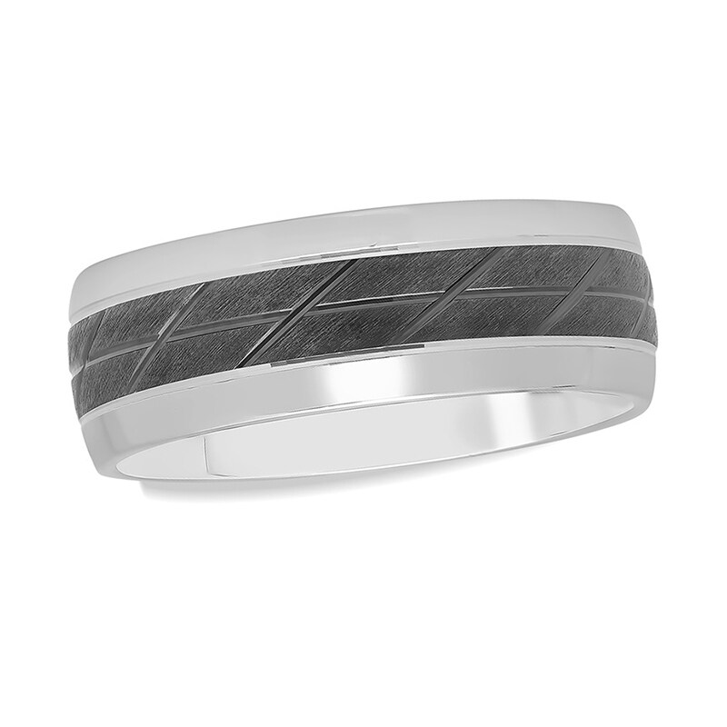 Main Image 1 of Men's 8.0mm Diamond-Cut Slant Groove Center Wedding Band in Sterling Silver and Black Rhodium