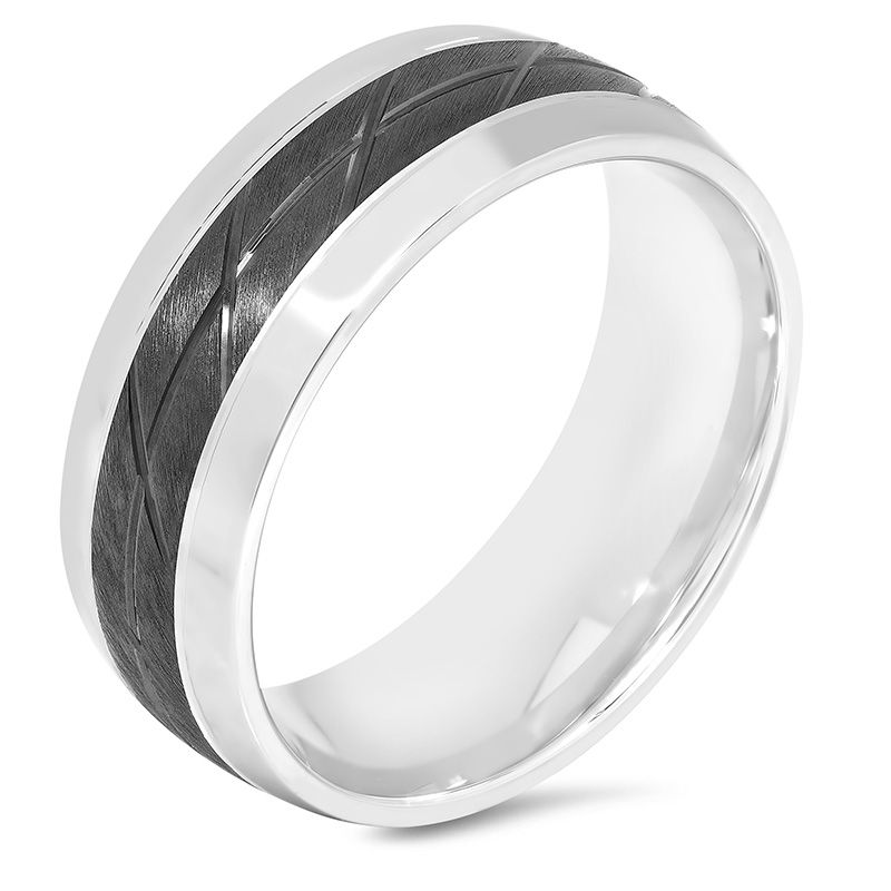 Men's 8.0mm Diamond-Cut Slant Groove Center Wedding Band in Sterling Silver and Black Rhodium