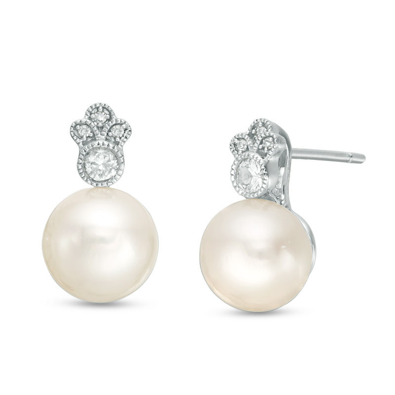 Main Image 1 of 8.0-8.5mm Freshwater Cultured Pearl, White Sapphire and Diamond Accent Vintage-Style Drop Earrings in 10K White Gold