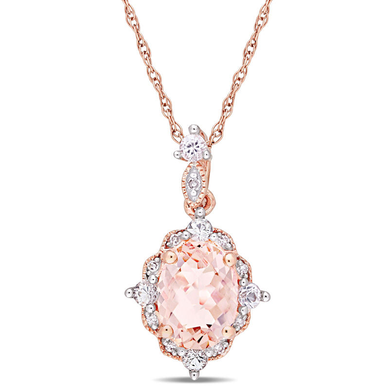 Oval Morganite, White Sapphire and Diamond Accent Vintage-Style Drop Pendant in 10K Rose Gold - 17"