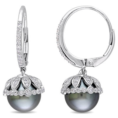 9 0 5mm Black Cultured Tahitian Pearl And 1 2 Ct T W Diamond 9 0 5mm Black Cultured Tahitian Pearl And 1 2 Ct T W Diamond Leaf Drop Earrings In 14k White Gold