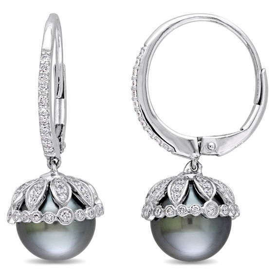 9.0 - 9.5mm Black Cultured Tahitian Pearl and 1/2 CT. T.W. Diamond Leaf Drop Earrings in 14K White Gold 9.0 - 9.5mm Black Cultured Tahitian Pearl and 1/2 CT. T.W. Diamond Leaf Drop Earrings in 14K White Gold