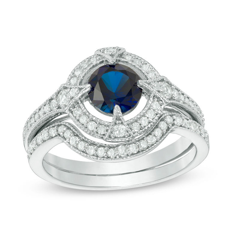 6.0mm LabCreated Blue and White Sapphire with 1/3 CT. T.W. Diamond